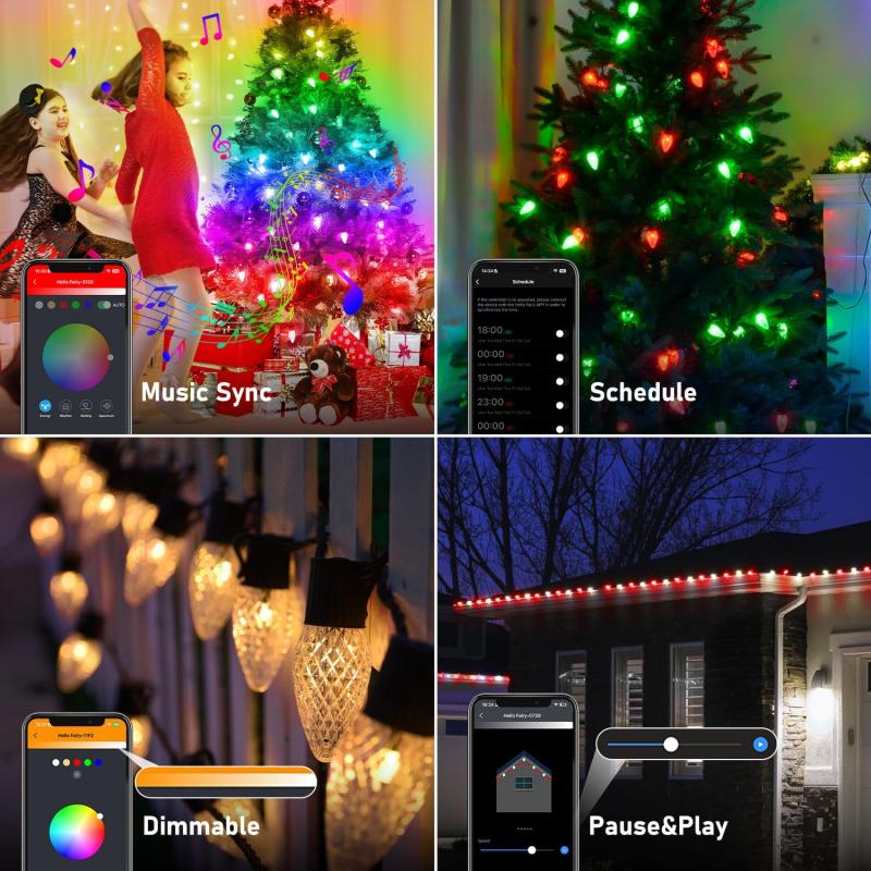 33FT Smarte Lichterkette Erweiterbar C9 DIY Farbwechsel APP Fernbedienung Halloween Musik Timer 50 LED Wasserdichte Programmierbare Lichter