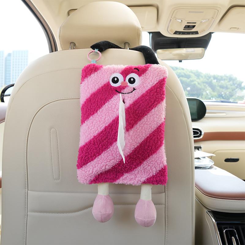 Plush cartoon little monster car tissue box multi-functional chair back hanging paper drawer paper box home car dual-purpose tissue bag lambskin thick striped tissue box red pink