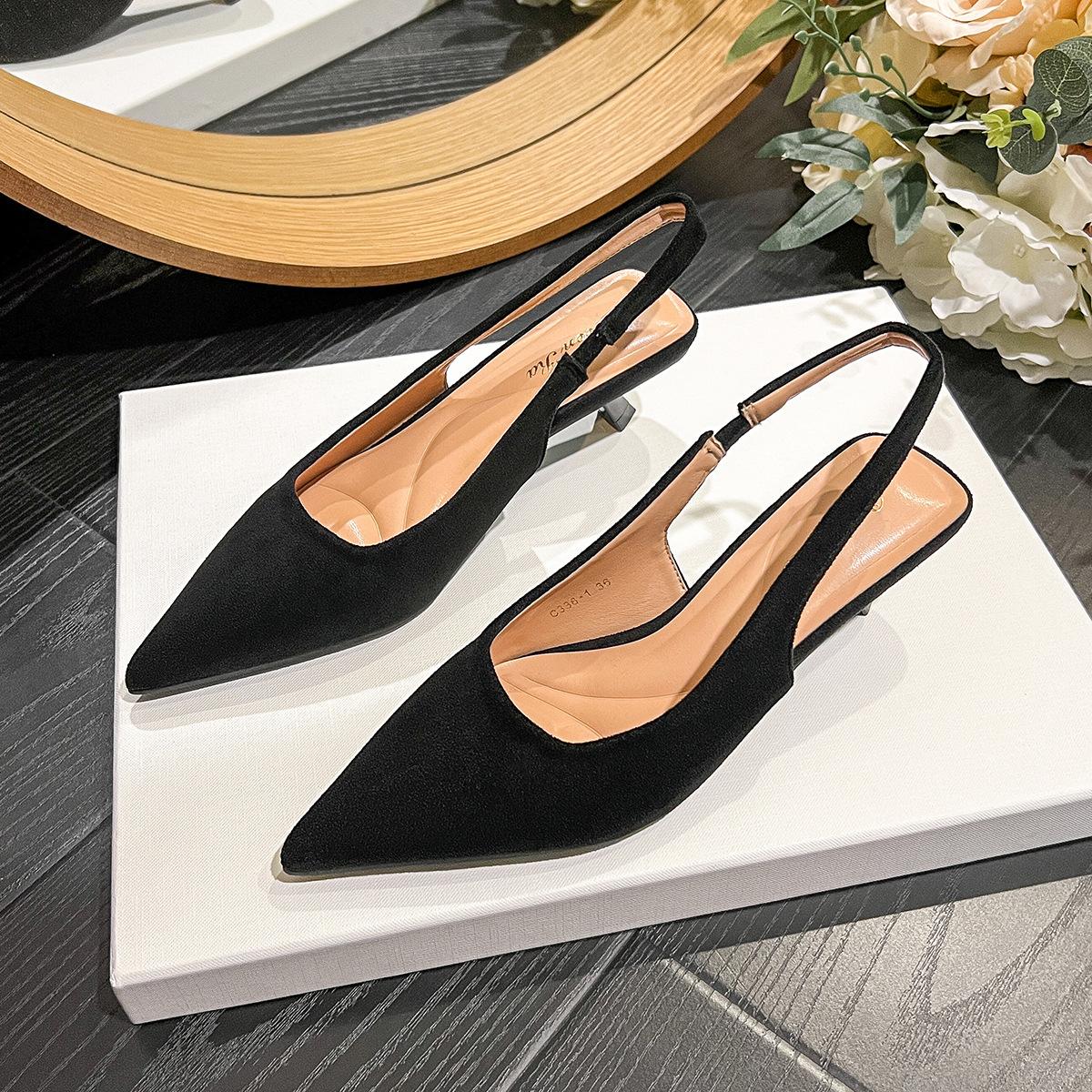 

Туфли-лодочки с острым задником, пустые, на высоком каблуке, весенние, на тонком каблуке, с задним ремешком, с мелким вырезом, одинарные туфли, женские, простые замшевые, с закрытым носком, сандалии 40