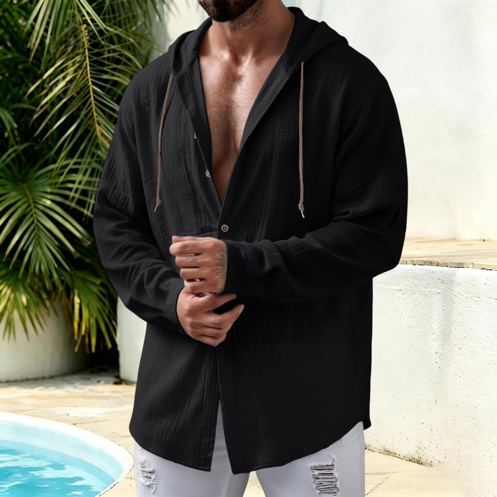 Men's Casual Linen Long Sleeve Hooded Cardigan