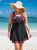 Damski dwuczęściowy strój kąpielowy tankini w dużych rozmiarach, czerwony, w kwiaty, z spódniczką