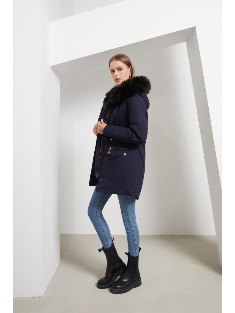 Warm Fluffy Winter Jacket Medium Long Hooded Collar Parker Coat Cotton Zipper Coat