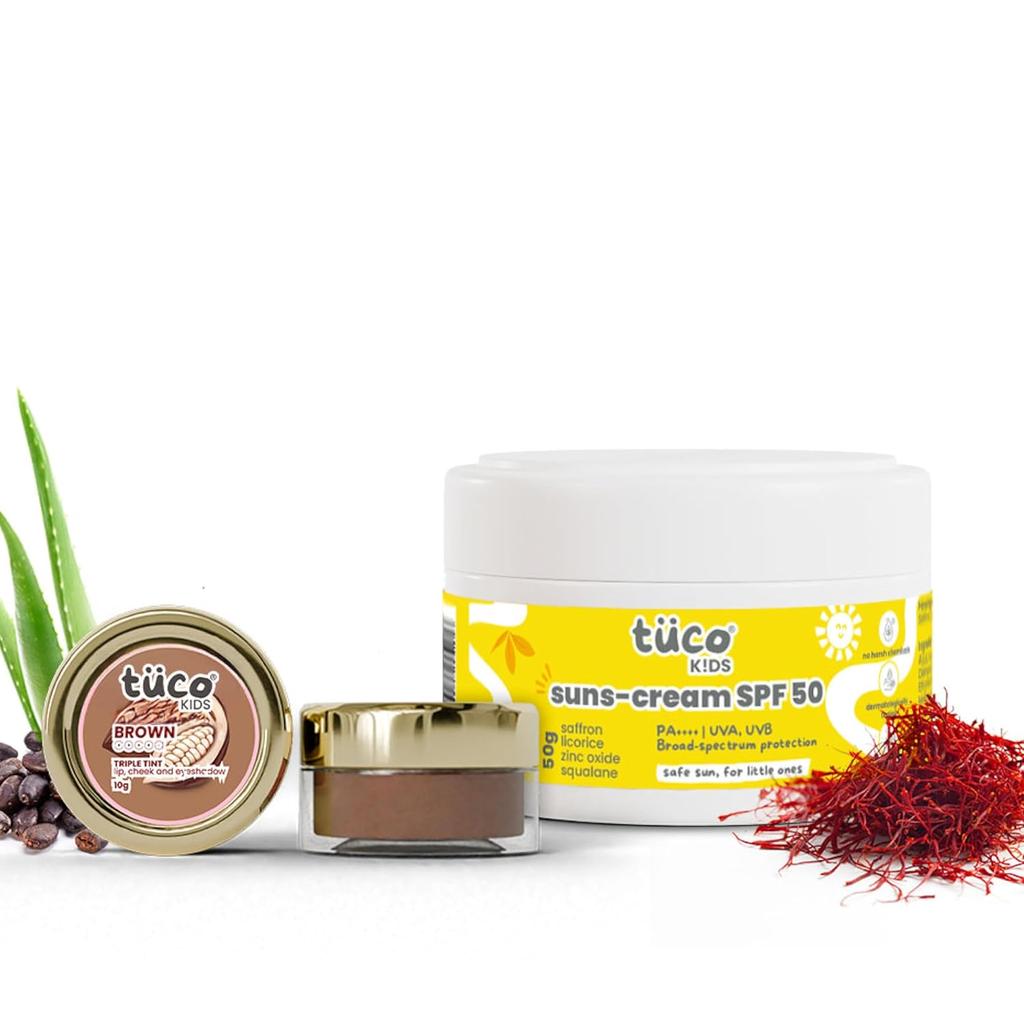 Tuco® Kids Sunscreen SPF50 (50gm) & Brown Lip Tint (10gm) | Safe For Kids | Ages 2-5, 5-10, 10-15 | Paraben & Sulfate Free | Pack of 2