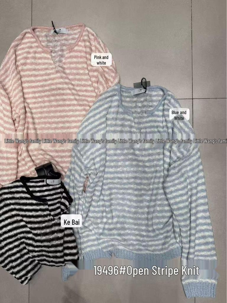 Xiao Wang's Spring Korean-Style Striped Loose Fit Plus Size Thin Knitted Sunscreen Cardigan