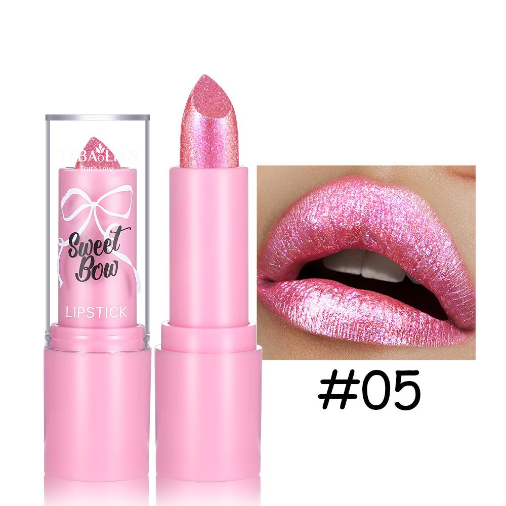 Bow Glitter Lipstick Bright Rose Pink Diamond Lipstick Mirror Pearlescent Shine Waterproof Long-Lasting Glossy Lip Tint Makeup