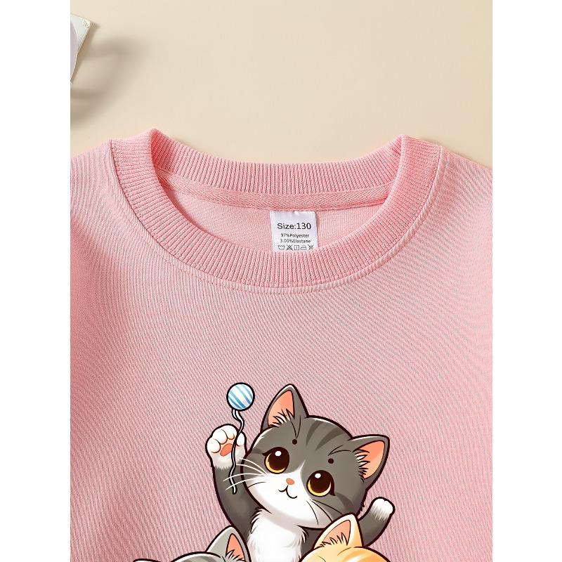 Kids Long‑Sleeve Crewneck Sweatshirt, Cute Kittens Playing Yarn Ball Print,Daily Casual Top for Spring & Autumn