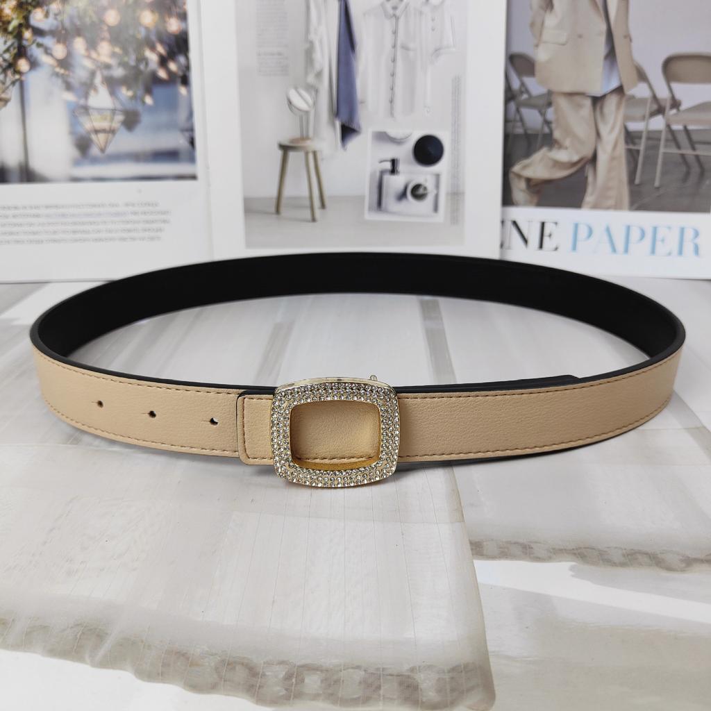 New Color Lychee Pattern Cowhide Belt Women'S Square Diamond-Encrusted Smooth Buckle Simple Jeans Belt