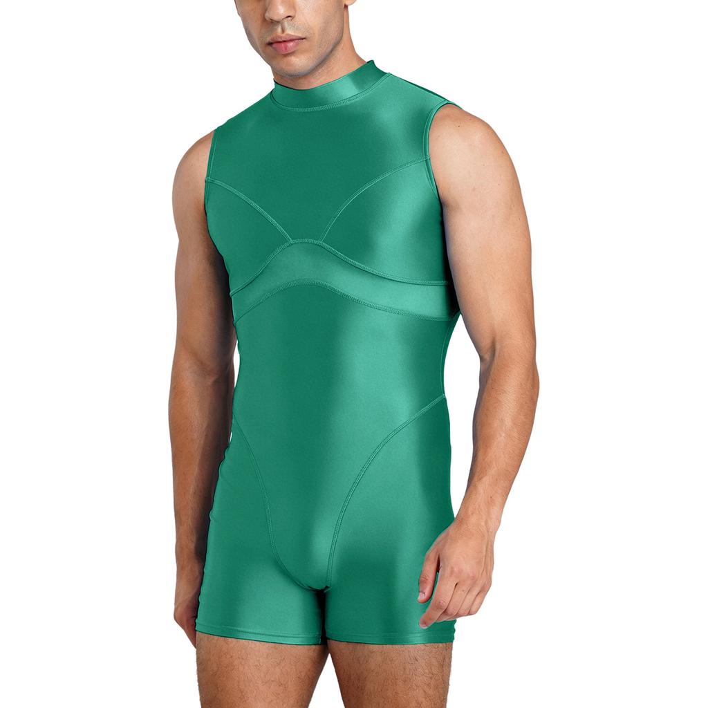 Men Yoga Sportswear Bodysuit Oil-shiny Finish Sheer Mesh Mock Neck Sleeveless Back Zipper Boxer Bottom One Piece Swimsuit