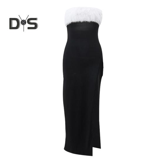 Women Evening Dress Off Shoulder Sleeveless Backless Collarless Bandeau Fluffy Faux Fur Decor Side Slit Cocktail Party Prom Maxi Tube Top Dress