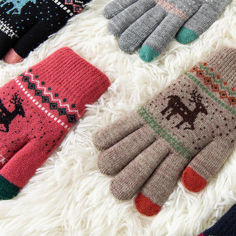 Knitted Touchscreen Gloves for Women Winter Warmth, Thickened with Fleece Lining Outdoor Cycling Jacquard Design Adorable Reindeer Pattern