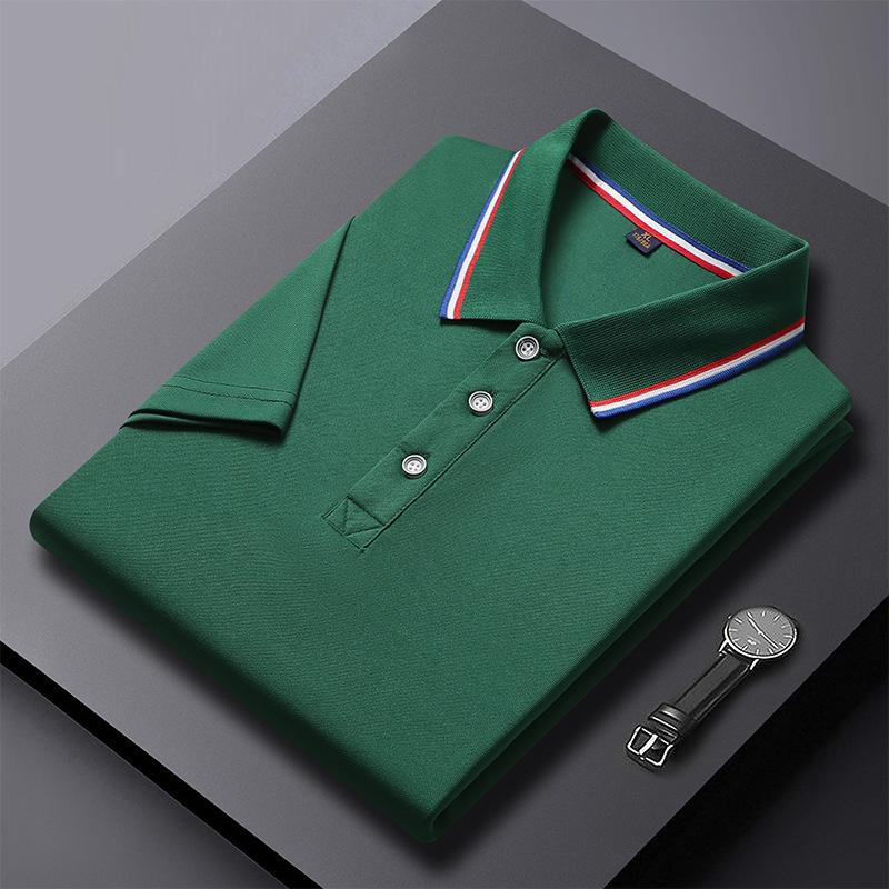 Men's Summer Black Polo Shirt Short Sleeve Collared Top with Red White Blue Striped Trim