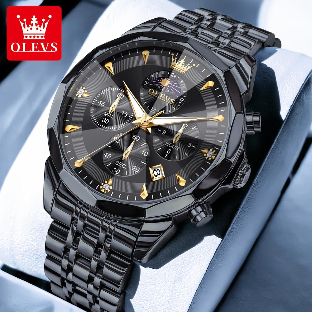 OLEVS Mens Watch Original Business Brand Quartz Watch Rhombus Mirror Waterproof Luminous Automatic Date Moon Phase Watch
