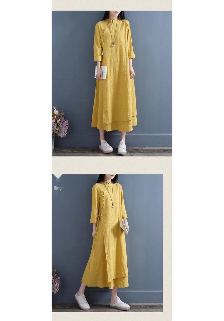 2024 Women's Double Layer Chinese Frog Button Cotton Linen Dress for Spring/Autumn - Retro Zen Tea Ceremony Style
