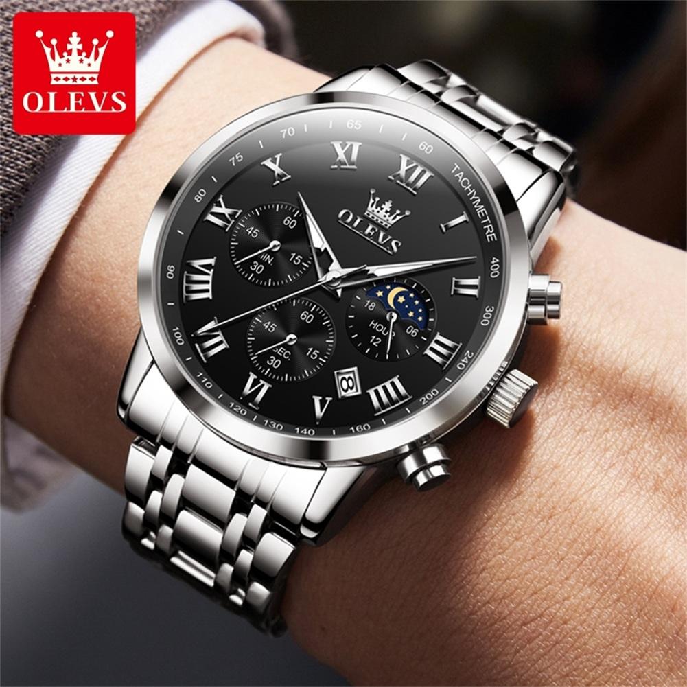 OLEVS Men's Watches Sport Fashion Fine Steel Original Brand Quartz Wristwatch for Man Roman Scale Waterproof Moon Phase Date New