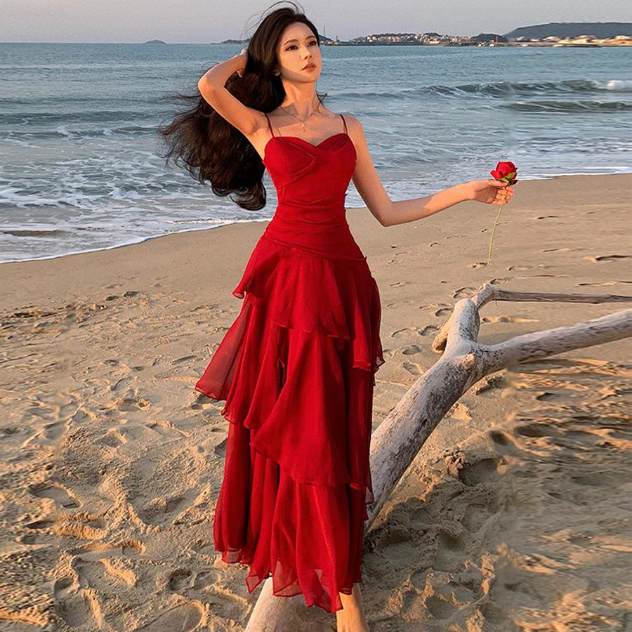 French Red Dress Sanya Island Vacation Wear Beach Dress Ruffle Tube Top Suspender Skirt Summer