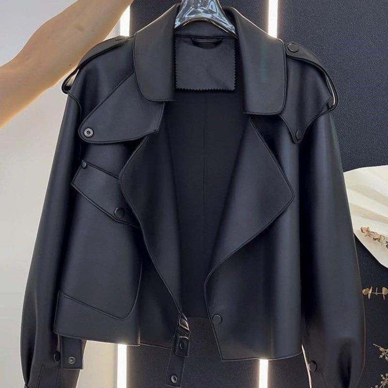 Spring and autumn design sense loose retro black leather jacket short jacket women small locomotive style