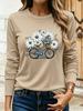Floral Bicycle Print Women's Casual T-Shirts Graphic Tees Round Neck Tops Spring and Autumn T-Shirt Daily Wear Female Clothing