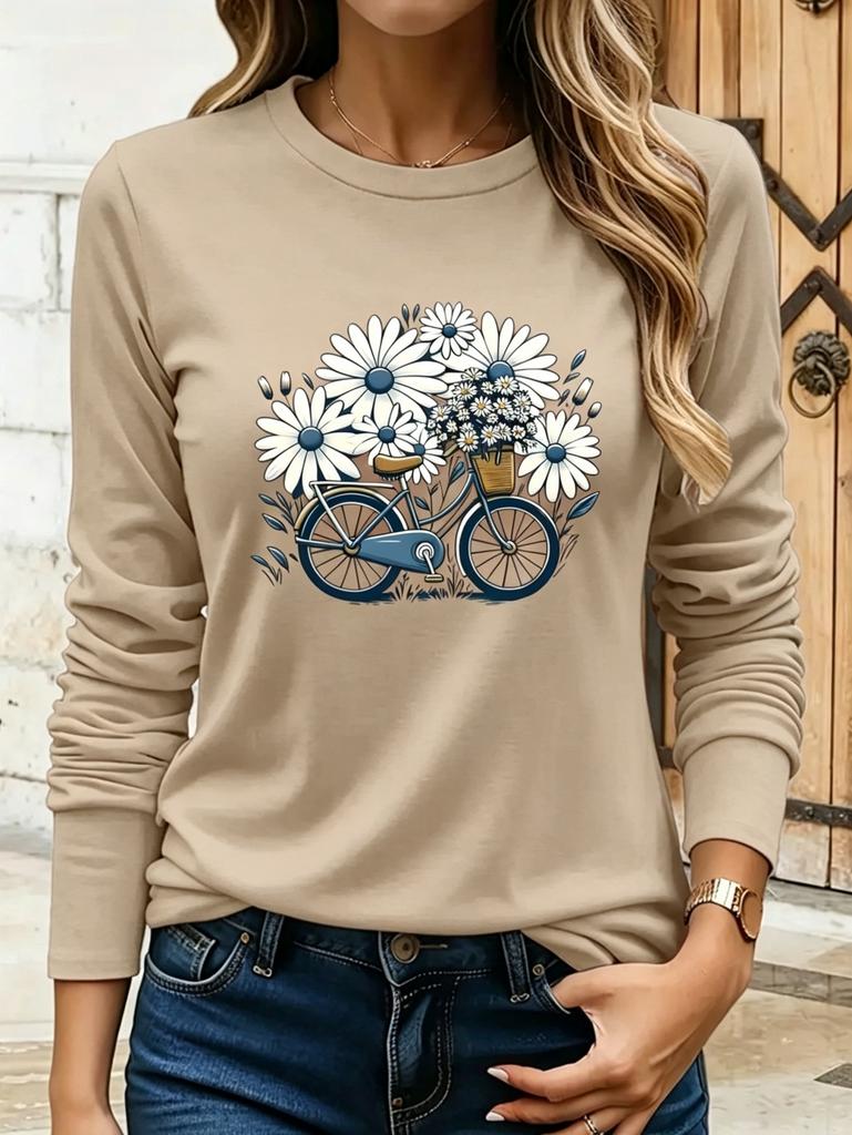 Floral Bicycle Print Women's Casual T-Shirts Graphic Tees Round Neck Tops Spring and Autumn T-Shirt Daily Wear Female Clothing
