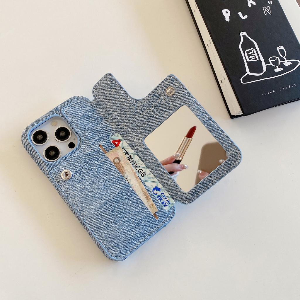 Zipper Cards Solt Wallet Denim Case for IPhone 15 Pro Max 14 Plus 13 12 Mini 11 6 7 8 SE 2025 Makeup Mirror Bag Pocket Cover