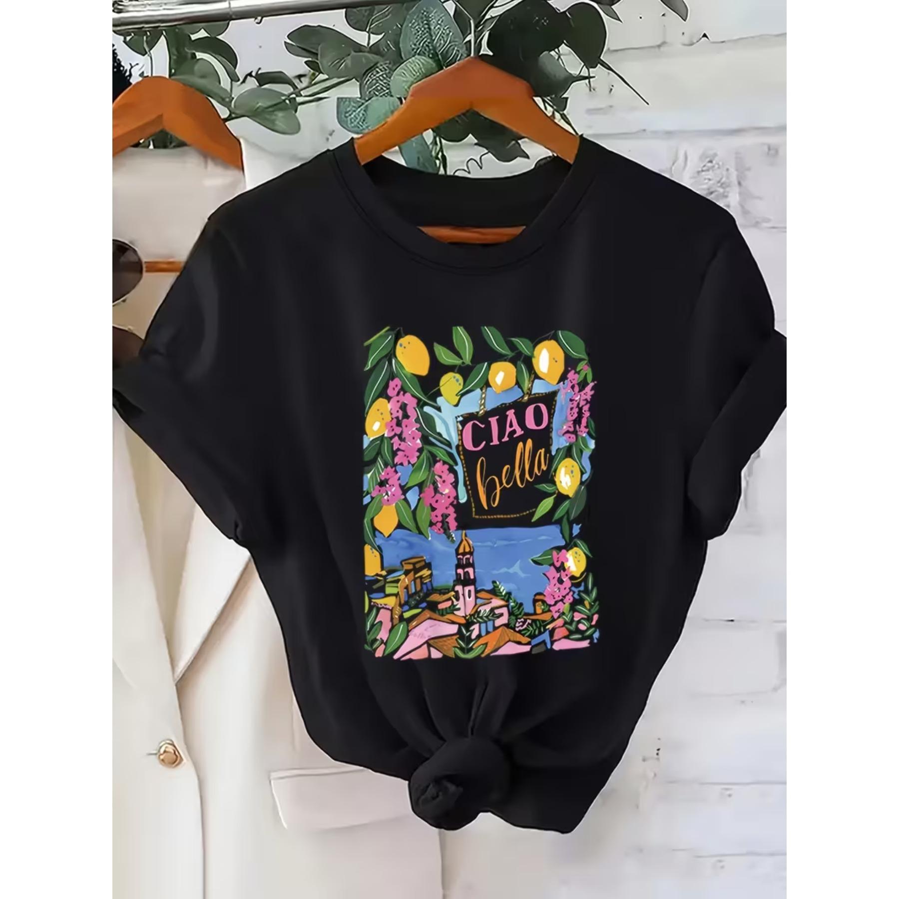

Women s Romantic Italian Seaside Town and Lemons Print T-shirt, Short Sleeve Crew Neck Casual Top for Summer & Spring, Women s Clothing XXL