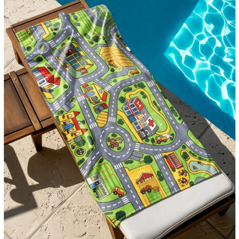 Kids City Road Map Beach Towel, Microfiber Sand Free Quick Dry, Interactive Play Mat Print, Soft Absorbent for Toddlers & Summer