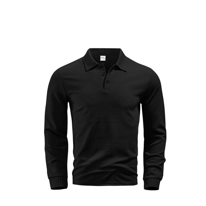Men's White Waffle Textured Lapel Long Sleeve Slim Fit Polo Shirt