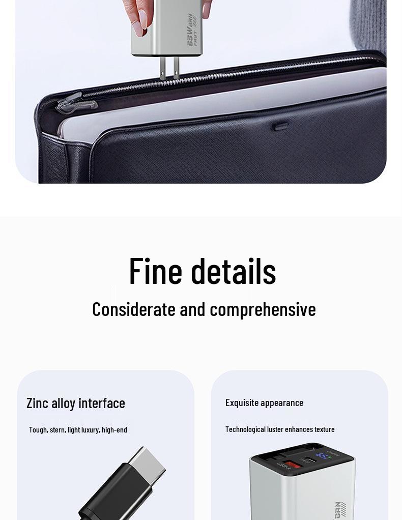 65W GaN Charger with Retractable Cable & Digital Display for Apple & Huawei