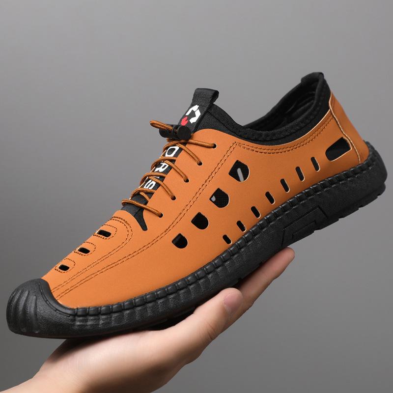 Men's Hole Shoes Summer New Bag Head Breathable Soft Leather Soft Sole Breathable Light Men's Casual Shoes Hollow Sandals