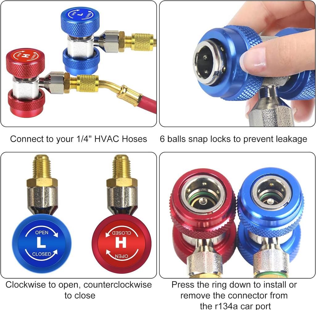 For R134A H/L Auto Car Quick Coupler Connector Brass Plating Adapter Air Conditioning Refrigerant Adjustable AC Manifold Gauge
