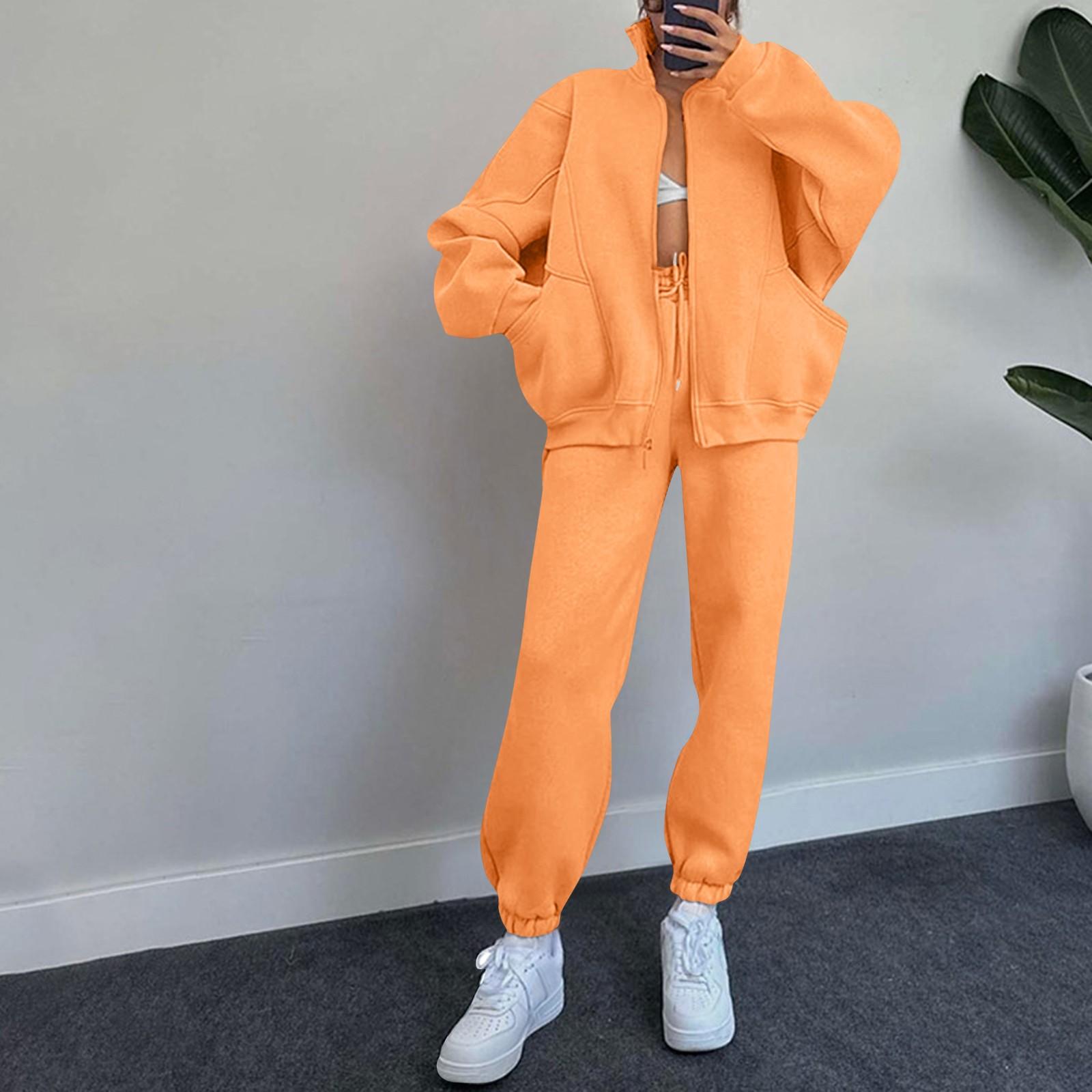 

Женская мода однотонная толстовка с воротником-стойкой, длинными рукавами, карманами, молнией, спортивные штаны на шнурке, повседневный костюм XL оранжевый