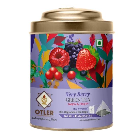 Otler Very Berry Grüner Tee – 25 Teebeutel in Metalldose – 100g – Erfrischender Grüntee mit Beerenaroma und mittlerem Koffeingehalt (Neu & Verbessert)