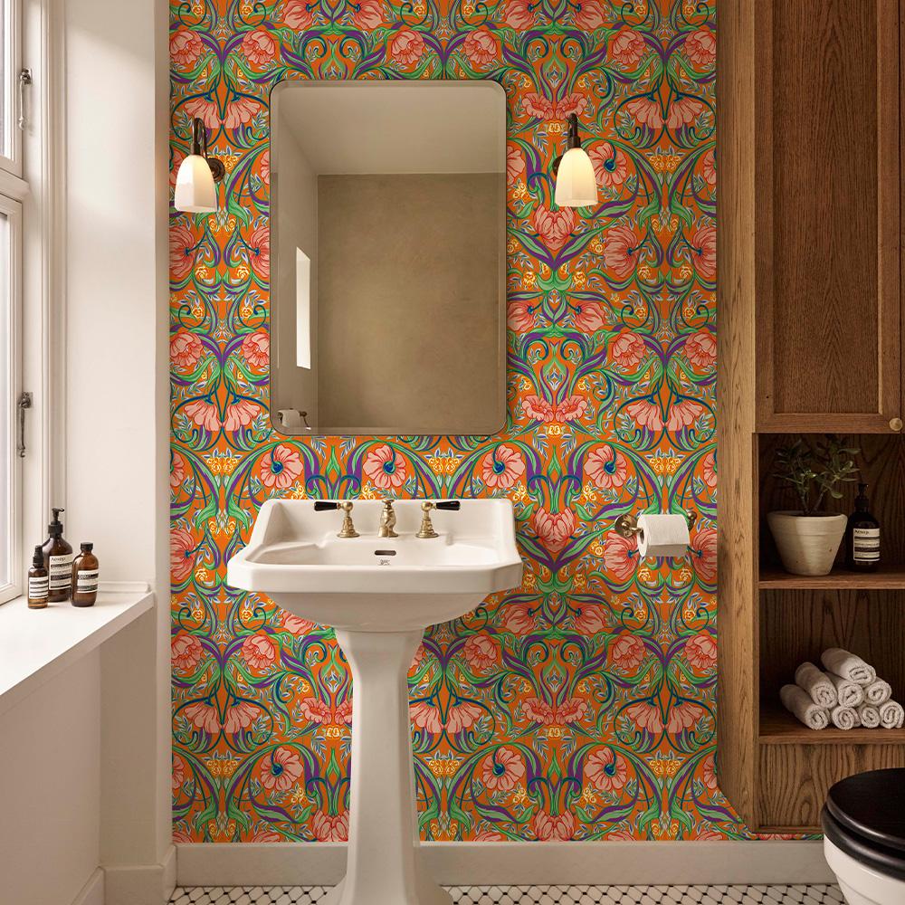 Orange Boho Flower Vinyl Wallpaper Retro Self Adhesive PVC Cabinet Sticker Chic Waterproof Kitchen And Bathroom Wall Decor