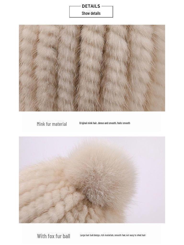 Yutong Women's Winter Mink Hat with Fox Pom and Ear Protection