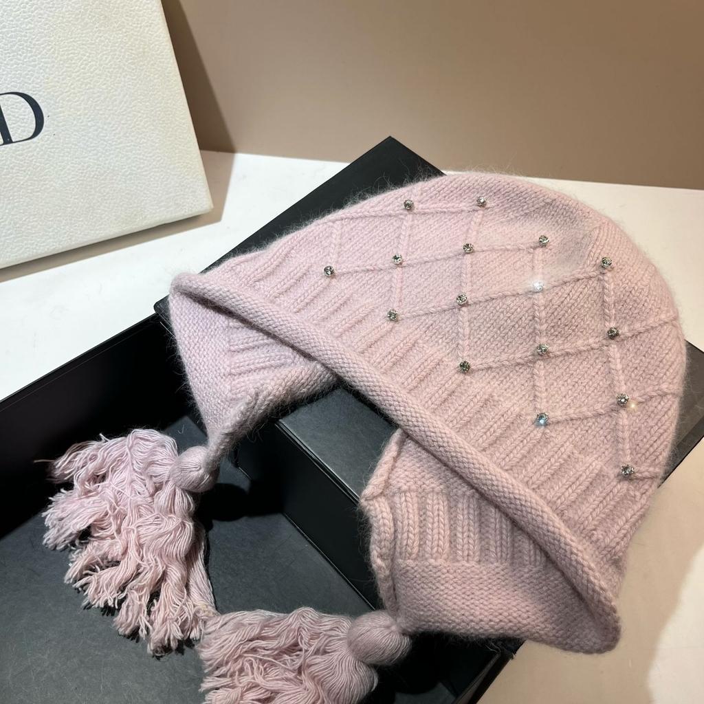 Xiaoxiangfeng Rhombus Rabbit Velvet Knitted Hat Angora Rabbit Hair Warm Soft Waxy Ear Protection Hat Rhinestone Fringed Baotou Hat Winter