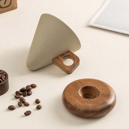 Vintage Kahve Kupası Seramik Konik Kupa Ahşap Saplı ve Tabaklı Stabil Çay Kupası Çay ve Kahve Severler İçin Eşsiz Hediye