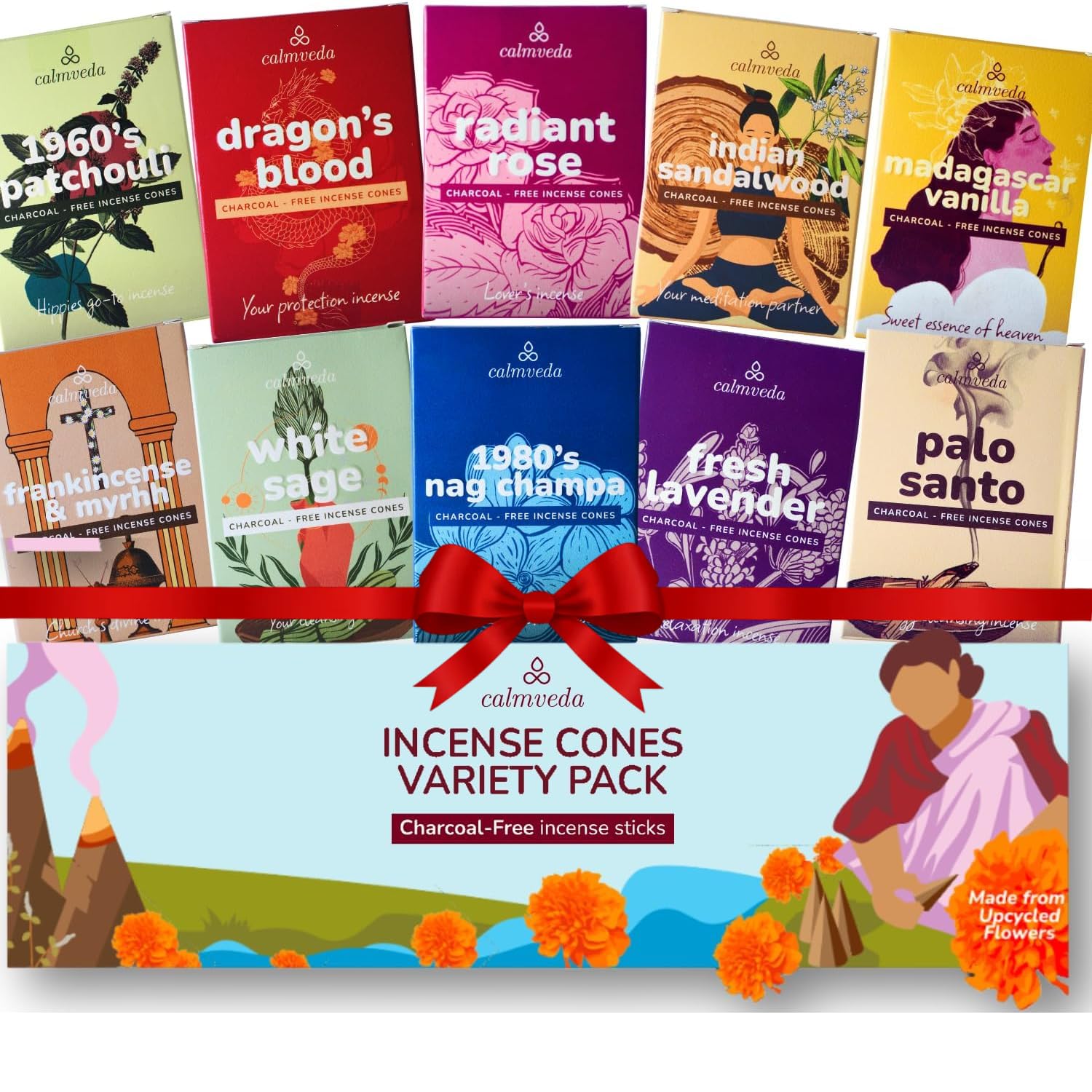 CALMVEDA Organic Incense Cones Scented - 120 Cone Incenses, 10 Variants with Holder
