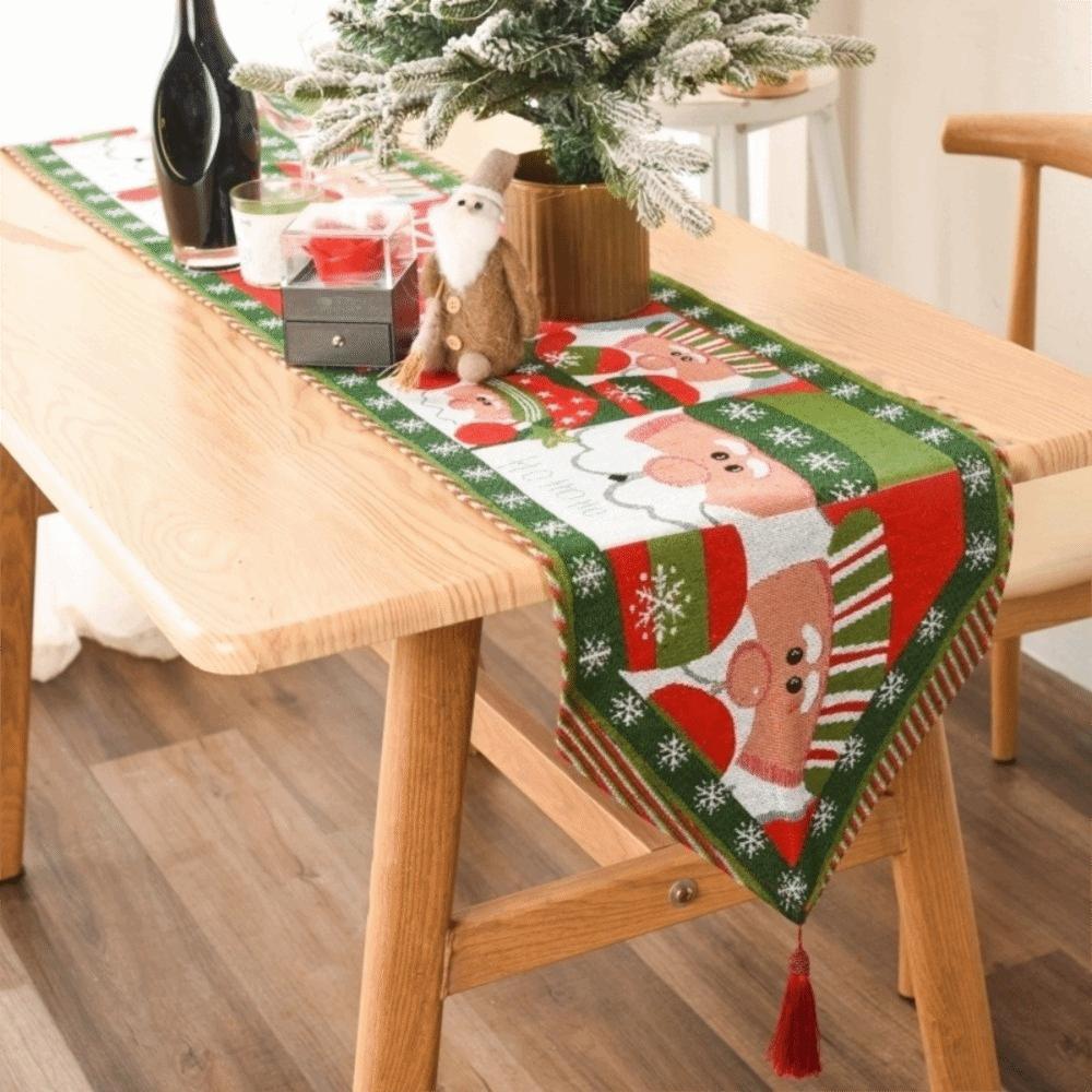 Creative Tassel Christmas Table Runner Snowman Printed Long Table Cover Rectangle Knitted Cloth Tablecloth Restaurants