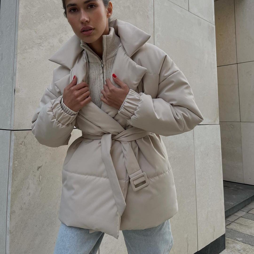 

Зимнее теплое утолщенное женское пальто с отложным воротником и поясом, однотонные повседневные пальто с хлопковой подкладкой, куртка S бежевый