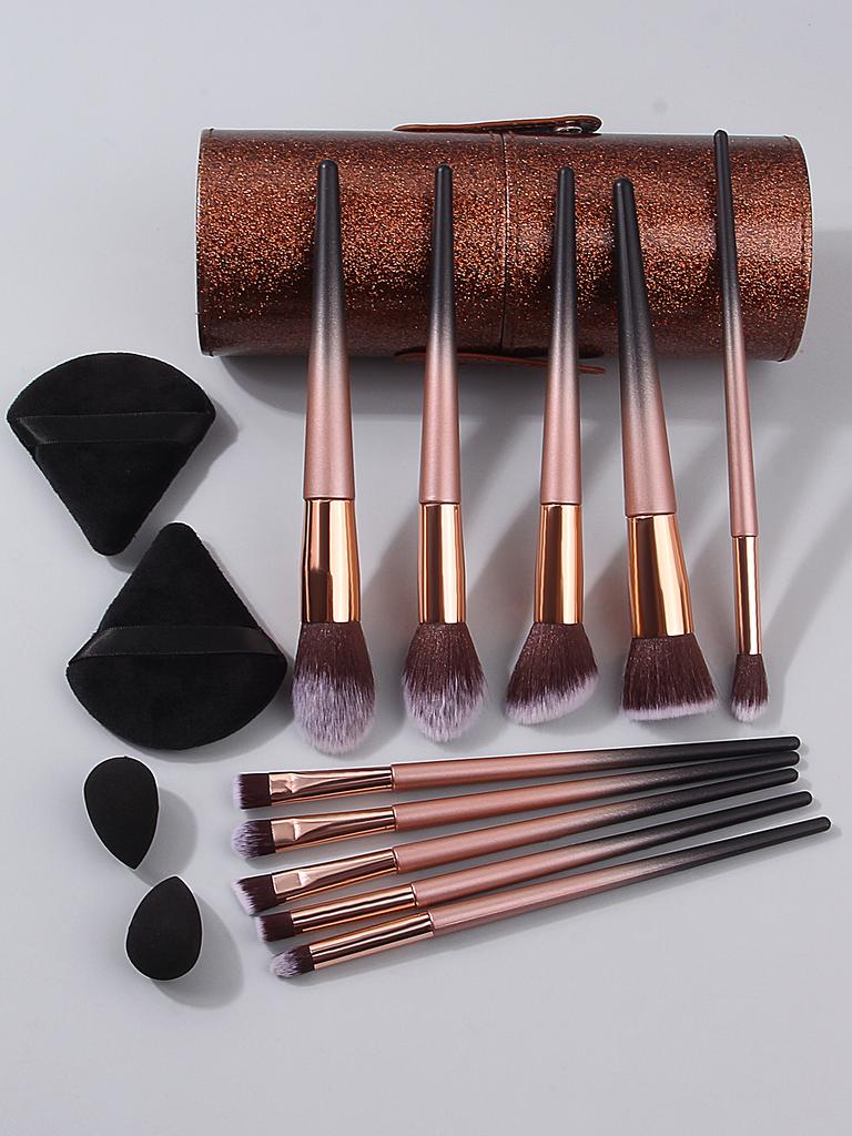 10 pieces makeup brush set, gradient handle+flash brown storage bucket, comes with 2 mini beauty eggs+2 triangular powder puffs