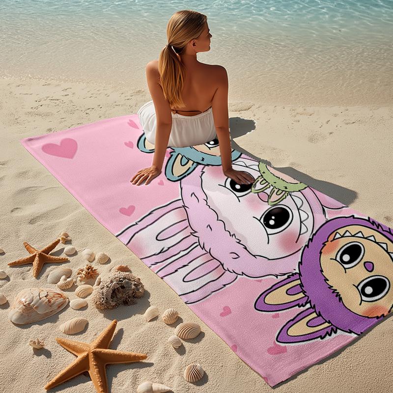 proof beach towel with a labubu pattern - soft,absorbent,quick-drying,machine washable - perfect for swimming,camping,bathing