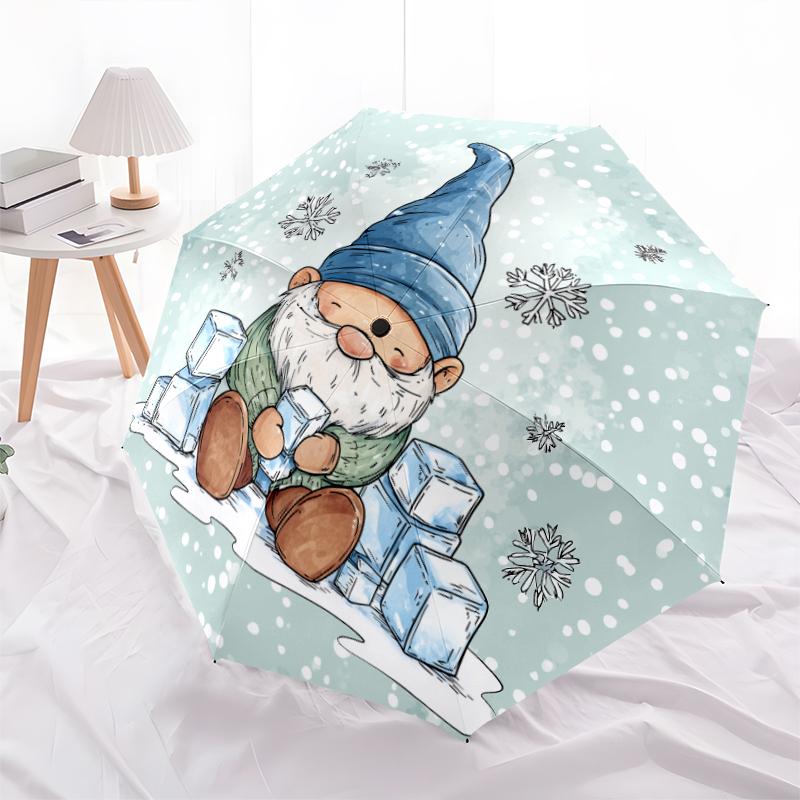 Cartoon Snowman Pattern, Automatic Folding Umbrella, Portable and Foldable Design, 8 Ribs, a Christmas or Birthday Gift.