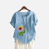 Women Fashion Floral Print T-shirt Summer&fall Casual O Neck Short Sleeve Top Pullover Loose Cotton Linen Blouses