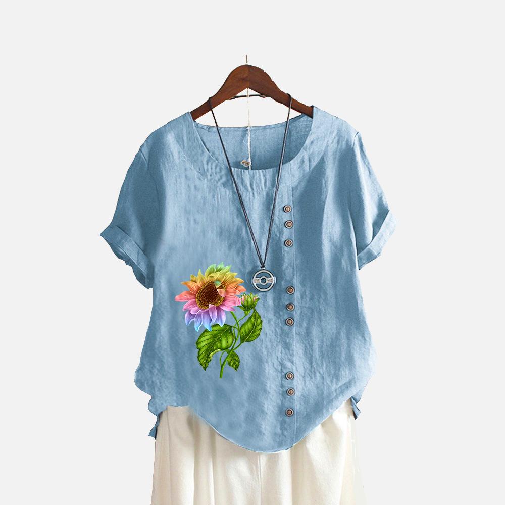 Women Fashion Floral Print T-shirt Summer&fall Casual O Neck Short Sleeve Top Pullover Loose Cotton Linen Blouses