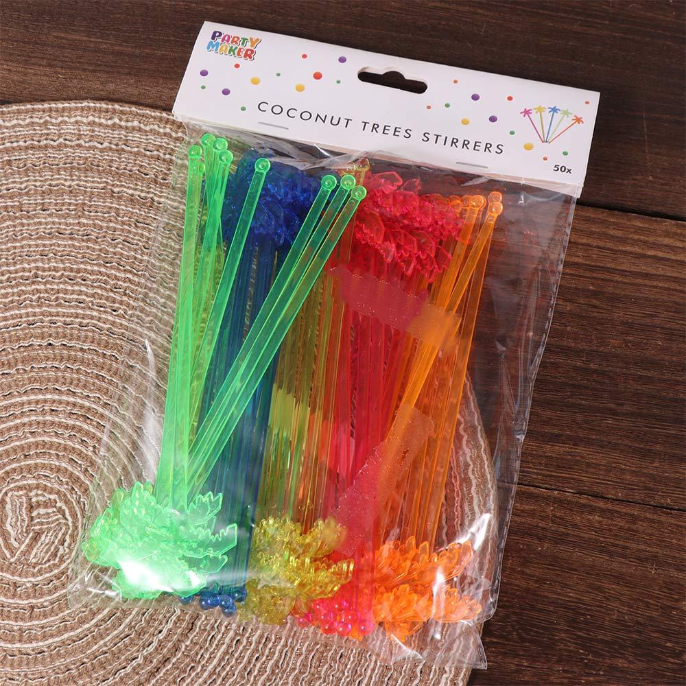 50pcs Tropical Coconut Tree Swizzle Sticks Plastic Festival Coffee Beverage Stirrer Colorful Summer Juice Drink Stirrers