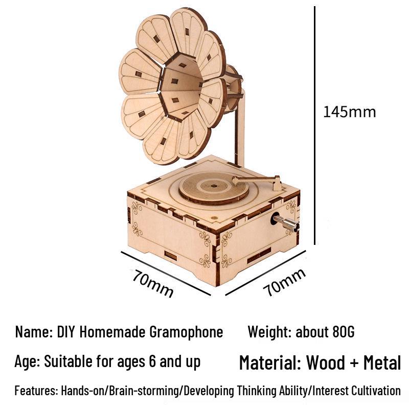 DIY Gramophone Wooden Music Box Ornament - Handmade Retro Student Prize