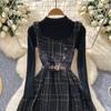 Fall Winter Women Sweater Dress Set Casual Knitted Pullover Tops + Plaid Tweed Dress 2 Piece Outfits Female With Belt
