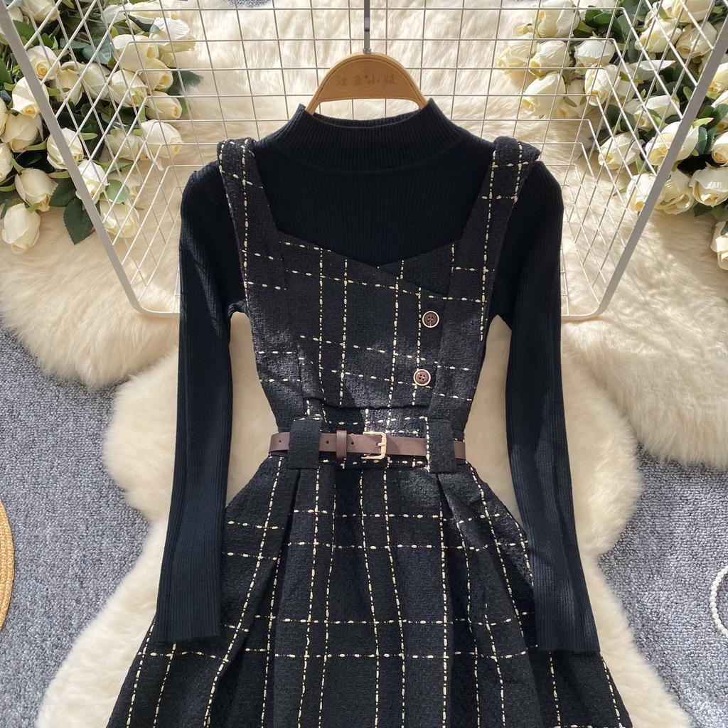 Fall Winter Women Sweater Dress Set Casual Knitted Pullover Tops + Plaid Tweed Dress 2 Piece Outfits Female With Belt