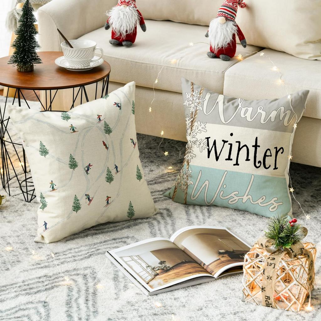 AVOIN colorlife Winter Skiers Cable Cars Snow Throw Pillow Covers, 16 x 16 Inch Warm Winter es Love Lives Here Seasonal Holiday Cushion Case