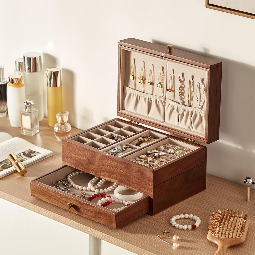 Homruilink Wooden Jewelry Black Large Capacity Jewelry Storage Case with Multifunctional Drawers for and Day Gift for Women Box, 3-Tier, Walnut,