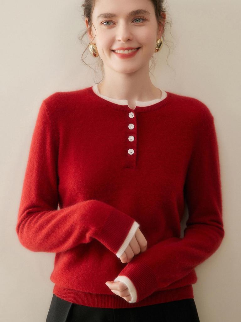 Autumn/Winter 2025 Women's Cashmere Sweater: Round Neck, Button-Up, Loose Fit, Color Block Long Sleeve Knit